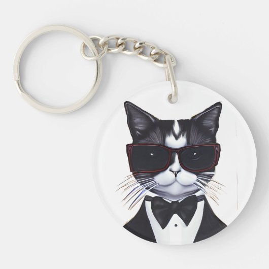 Porte-clés Chat noir et blanc dans une Cravate Tuxedo et Bow (Devant)