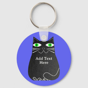 Porte-clés Chat noir gras avec yeux verts Texte personnalisé