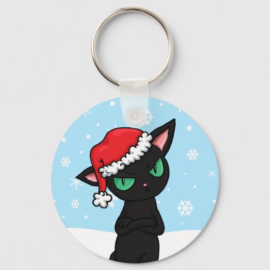 Porte-clés Chat noir grumeux portant le chapeau de Père Noël (Recto)