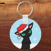 Porte-clés Chat noir grumeux portant le chapeau de Père Noël (Recto)
