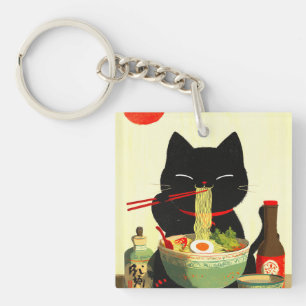 Porte-clés Chat noir heureux mangeant du Ramen Ukiyo-e japo
