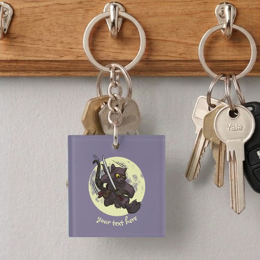 Porte-clés Chat noir Ninja Katana Épées Coup de pied volant D