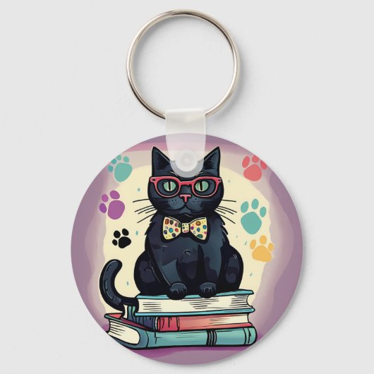 Porte-clés Chat noir portant des lunettes et une cravate arc (Recto)