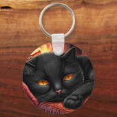 Porte-clés Chat noir posé devant une cheminée (Recto)