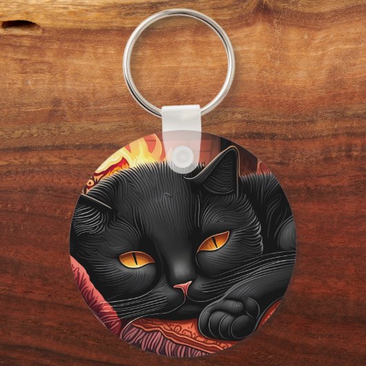 Porte-clés Chat noir posé devant une cheminée (Recto)