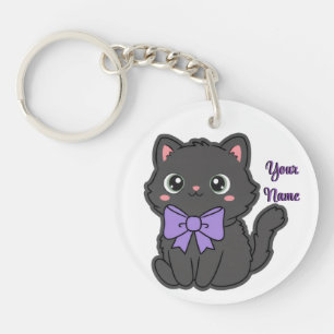 Porte-clés Chat noir ruban violet mignon kawaii personnalisé