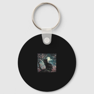 Porte-clés Chat noir sous lune rouge avec fleurs Sakura