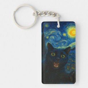 Porte-clés Chat noir Starry Nuit Van Gogh Chat Selfie