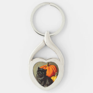Porte-clés Chat noir vintage d'Halloween et Citrouilles