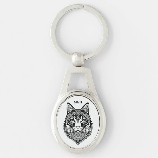 Porte-clés Chat ornemental Monogramme personnalisé (Devant)