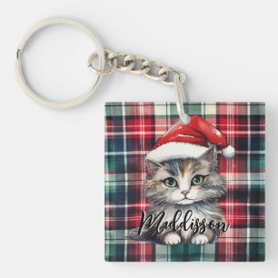Porte-clés Chat Père Noël Plaid De Noël Avec Nom