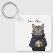 Porte-clés Chat personnalisé Cool Chat noir avec café (Recto)
