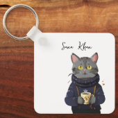 Porte-clés Chat personnalisé Cool Chat noir avec café (Recto)