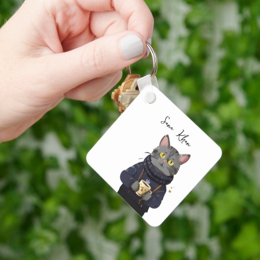 Porte-clés Chat personnalisé Cool Chat noir avec café (main)