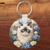 Porte-clés Chat Ragdoll Avec Fleurs Bleues D'Hydrangée (Recto)