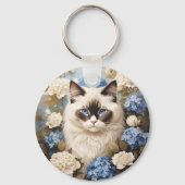 Porte-clés Chat Ragdoll Avec Fleurs Bleues D'Hydrangée (Verso)