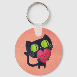 Porte-clés Chat romantique étreignant le coeur mignon rouge