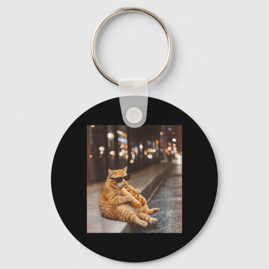 Porte-clés Chat Rouge Gros Mangeant Hot Dog Mème Drôle Glizzy (Recto)