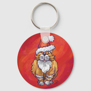 Porte-clés Chat roux de Noël sur fond rouge