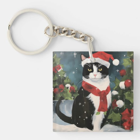 Porte-clés Chat Smoking dans Noël enneigé (Devant)