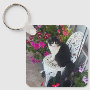 Porte-clés Chat Smoking Élégant Mignon avec de Jolies Fleurs