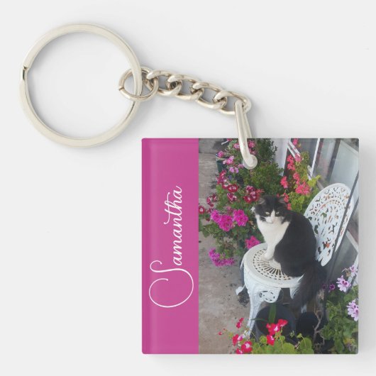 Porte-clés Chat Smoking Fleurs Filles Nom Rose Foncé (Devant)