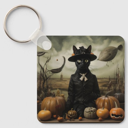 Porte-clés Chat sorcière avec citrouilles (Recto)