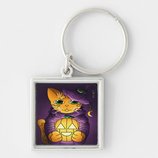 Porte-clés Chat-sorcière d'Halloween violet (Devant)