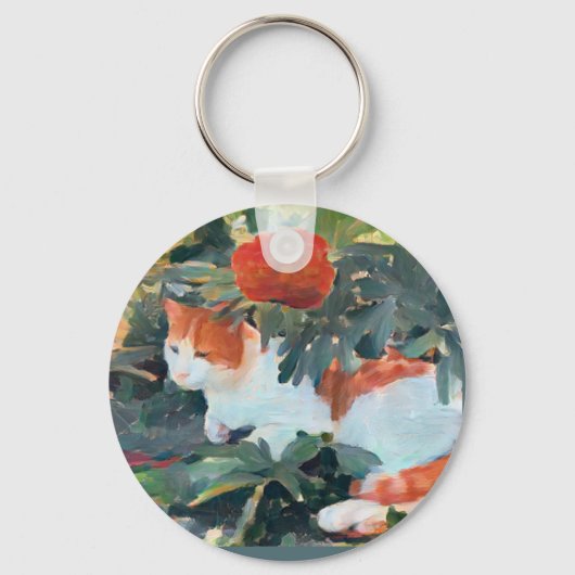 Porte-clés chat sous un buisson à fleurs A.I. amélioré (Recto)