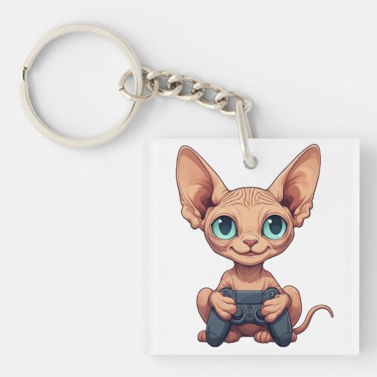 Porte-clés Chat Sphynx tenant une manette de jeu (Devant)