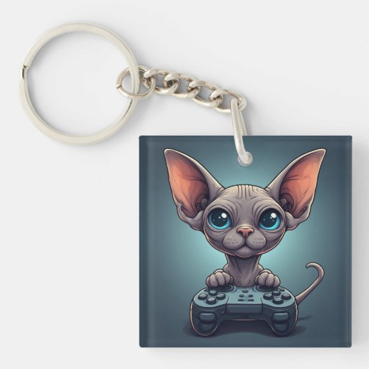 Porte-clés Chat Sphynx tenant une manette de jeu (Devant)