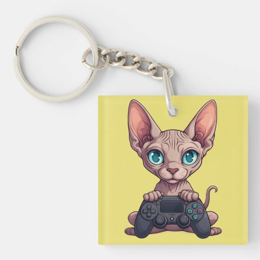 Porte-clés Chat Sphynx tenant une manette de jeu (Devant)