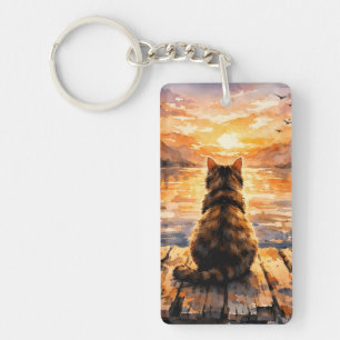 Porte-clés Chat sur le quai au coucher du soleil