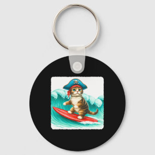 Porte-clés Chat surfeur avec chapeau de pirate sur planche de