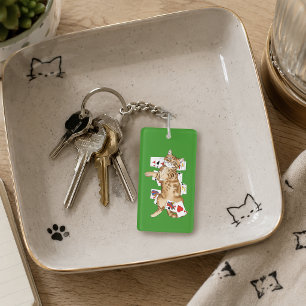 Porte-clés Chat tigré orange drôle jouant aux cartes de solit