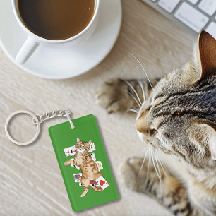 Porte-clés Chat tigré orange drôle jouant aux cartes de solit