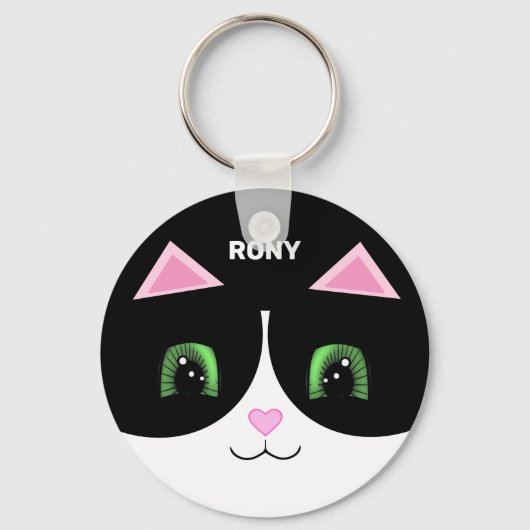 Porte-clés Chat Tuxedo Noir & Blanc Joyeux Visage (Recto)