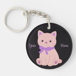 Porte-clés Chat Violet avec Ruban Mignon Kawaii Personnalisé