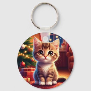 Porte-clés Chaton assis à côté d'un arbre de Noël lumineux