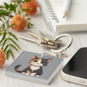 Porte-clés Chaton Calico Fantaisiste avec une Attitude de Cha