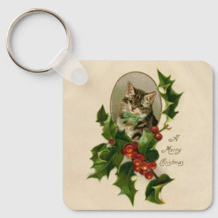Porte-clés Chaton de Noël victorien au houx antique tabby