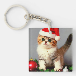 Porte-clés Chaton de Noël Vintage à Santa Hat