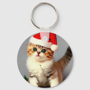 Porte-clés Chaton de Noël Vintage à Santa Hat