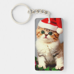 Porte-clés Chaton de Noël vintage avec chapeau de Père Noël