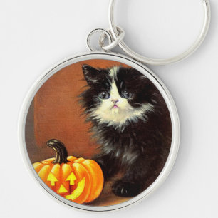 Porte-clés Chaton d'Halloween noir et blanc vintage