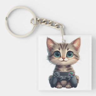 Porte-clés Chaton mignon tenant une manette de jeu Chat joueu