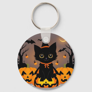 Porte-clés Chaton noir adorable en chapeau de sorcière