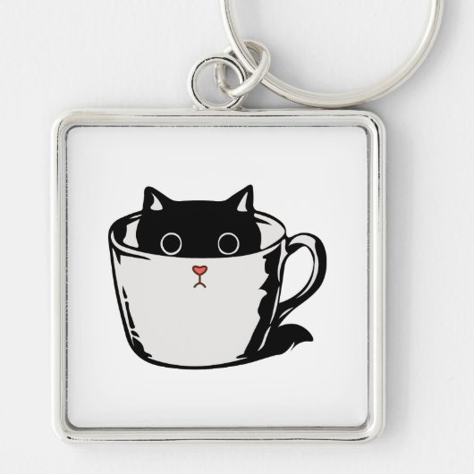 Porte-clés Chaton noir avec nez rouge caché dans une tasse (Devant)