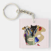 Porte-clés Chaton noir Pinceau Pot Artiste Chat Rose (Devant)