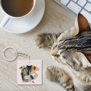 Porte-clés Chaton noir Pinceau Pot Artiste Chat Rose